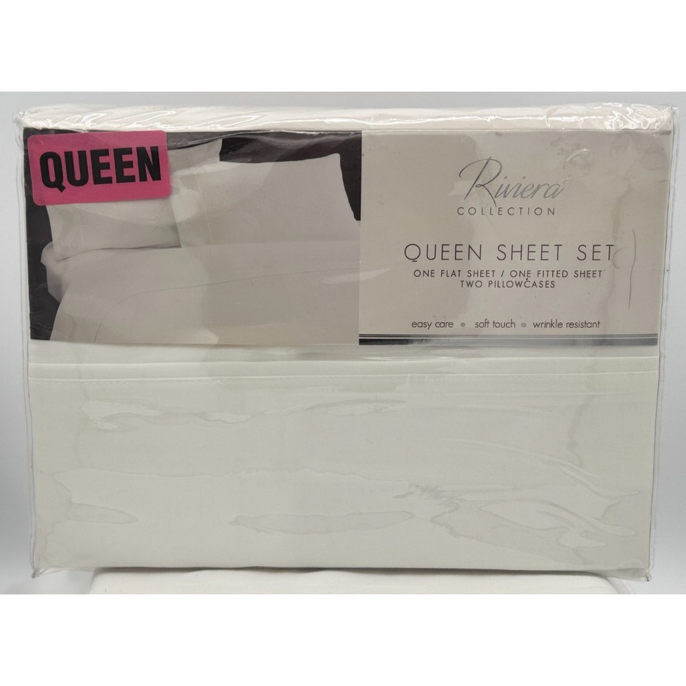 Riviera Collection White Queen Sheet Set - 1 Flat 1 Fitted 2 Pillowcases - NEW